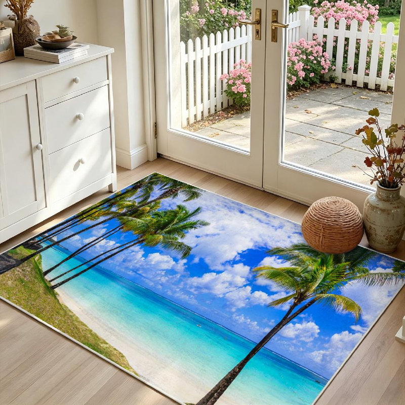 Blue Tropical Beach Scenery Palms Turquoise Sea Island Beautiful Machine Washable Indoor Area Rug, Rectangle 39" x 63"