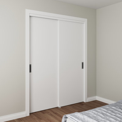 60"X80" Flush Smooth White Primed Molded Sliding Closet Doors With Installation Hardware Kit And Matte Black Flush Pull