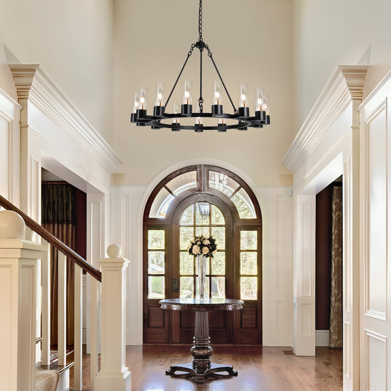  15- Light 33.66" Wagon Wheel Chandelier Modern Black Chandelier For Living Room