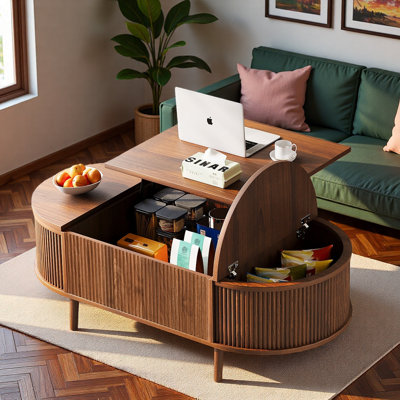 47.24''minimalist Oval Lift-top Coffee Table With Hidden Storage And Wood Wave Grain Finish