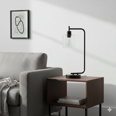 Lighting, 20"H, Table Lamp, Usb Port Included, Black Metal, Glass Shade, Modern