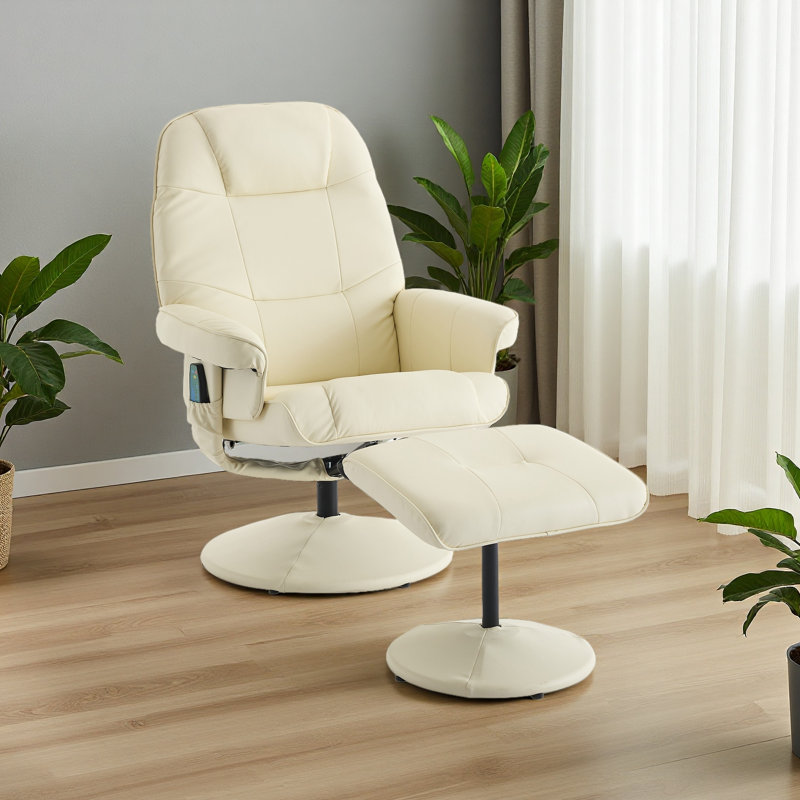 Fauteuil inclinable contemporain en cuir 29,5 po avec repose-pieds pivotant en métal, Similicuir beige
