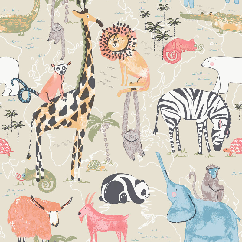 Papier peint safari animaux de la jungle beige, Beige