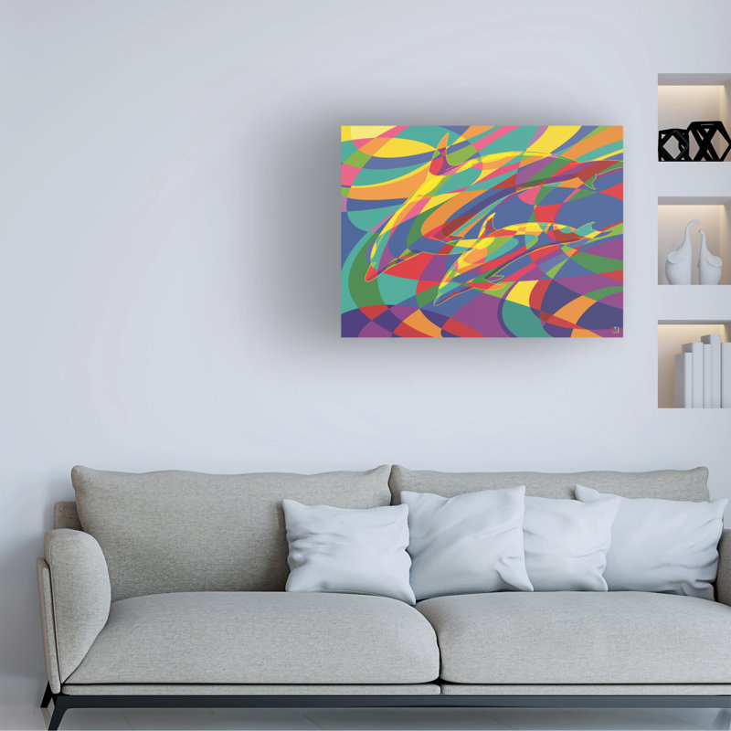 Art abstrait sur toile, "Michael Dolphins" par Michael David, H 35 po x l 47 po