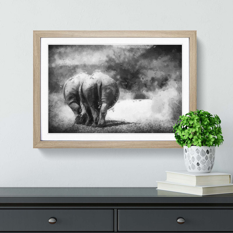 Walking Rhinos in Abstract - Picture Frame Graphic Art Print, 50cm H x 76cm W x 2cm D, Oak