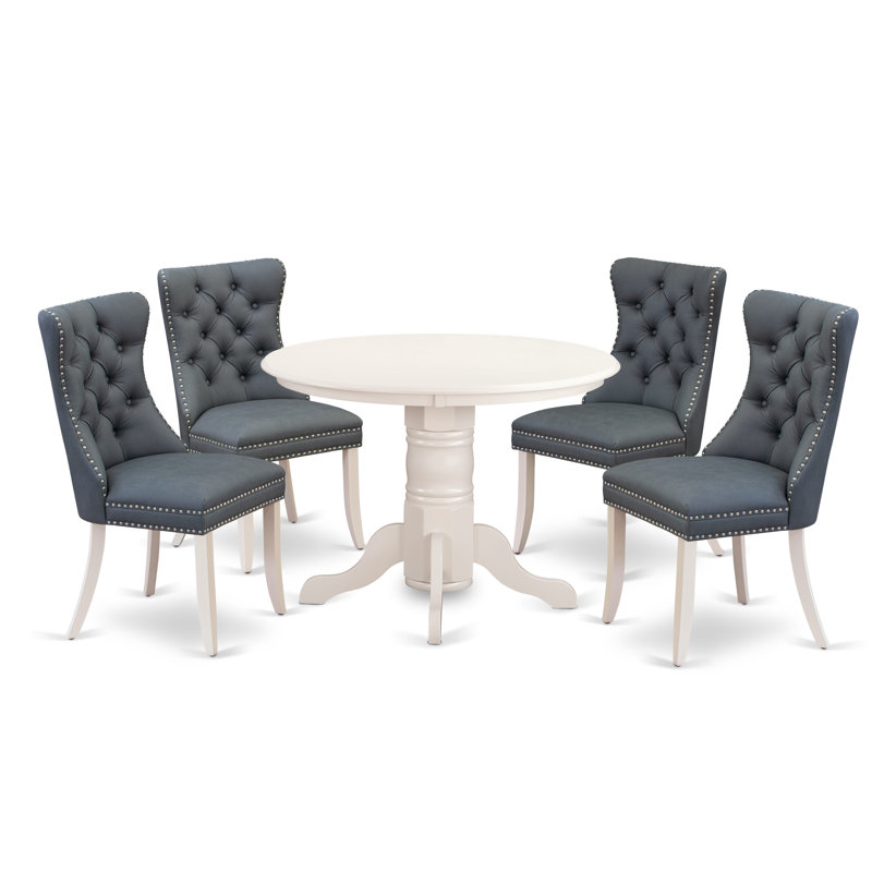 5 Piece Kitchen Table Set Consists of a Round Dining Table with Pedestal and 4 Padded Chairs, Navy/White