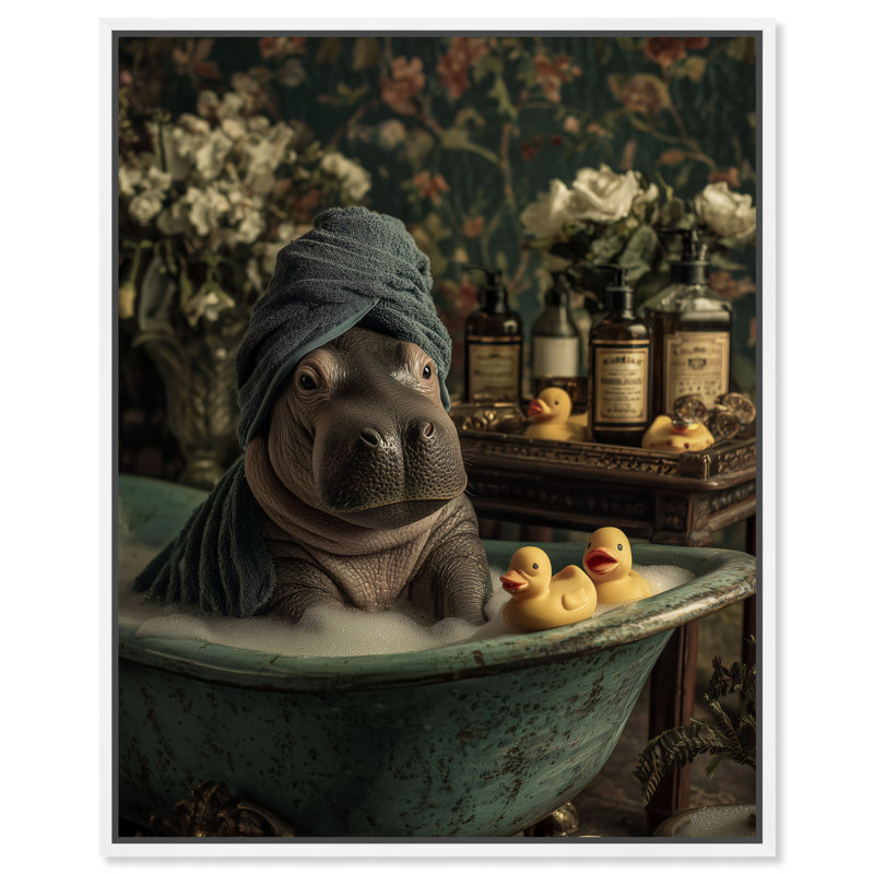 Décoration murale de salle de bain Dapper Hippo par Art Remedy, cadre blanc, 36 x 45, H 37 po x l 46 po, Cadre blanc