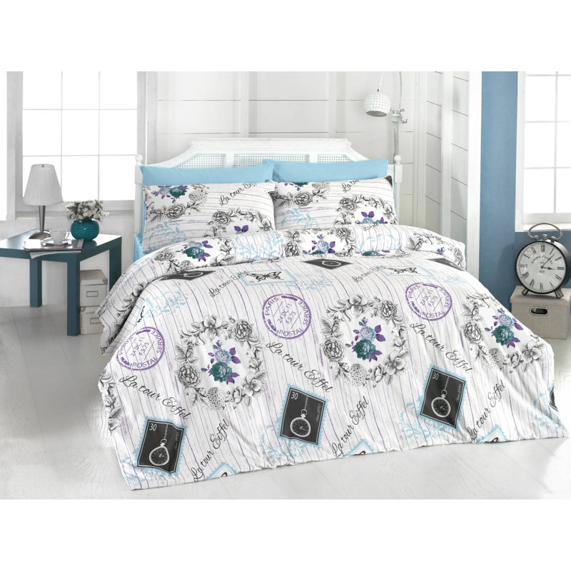 Ensemble de housse de couette 100% coton blanc / bleu / lilas Taniya 3 pièces