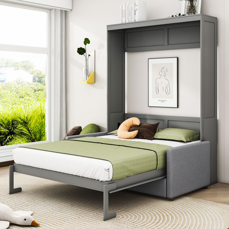 Lit escamotable mural en bois avec canapé, Double, gris