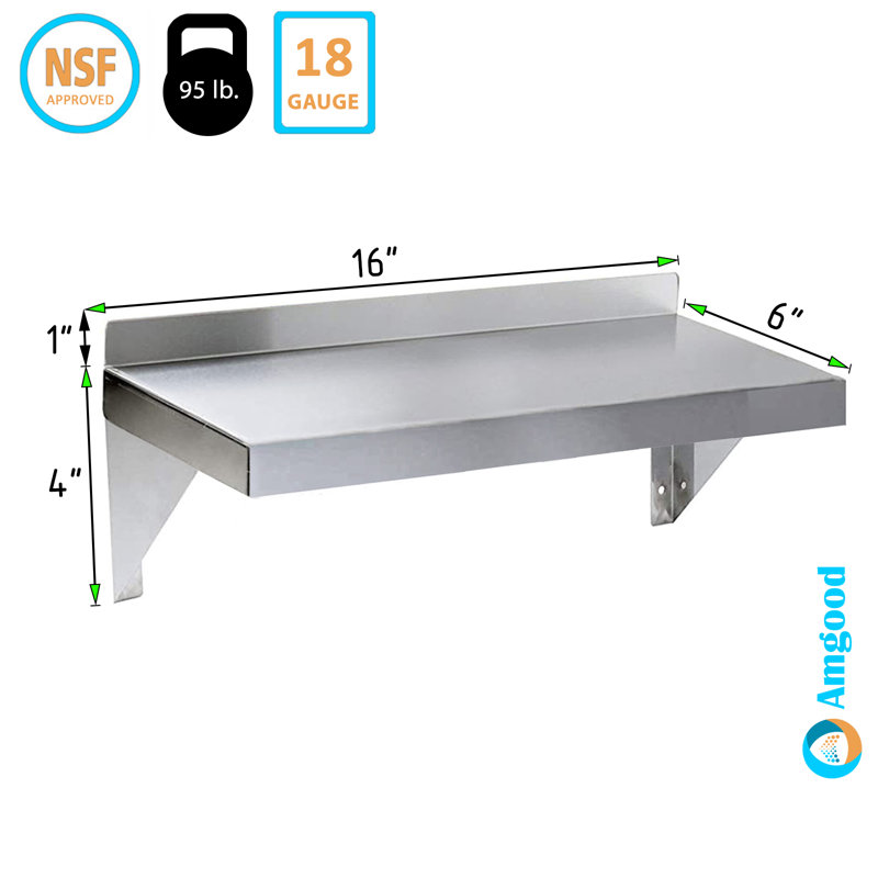 Small Stainless Steel Wall Shelf, 5" H x 16" W x 6" D