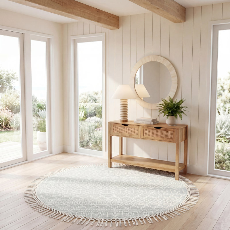 Aldeline Geometric Handmade Area Rug in Ivory/Light Green, Round 6'