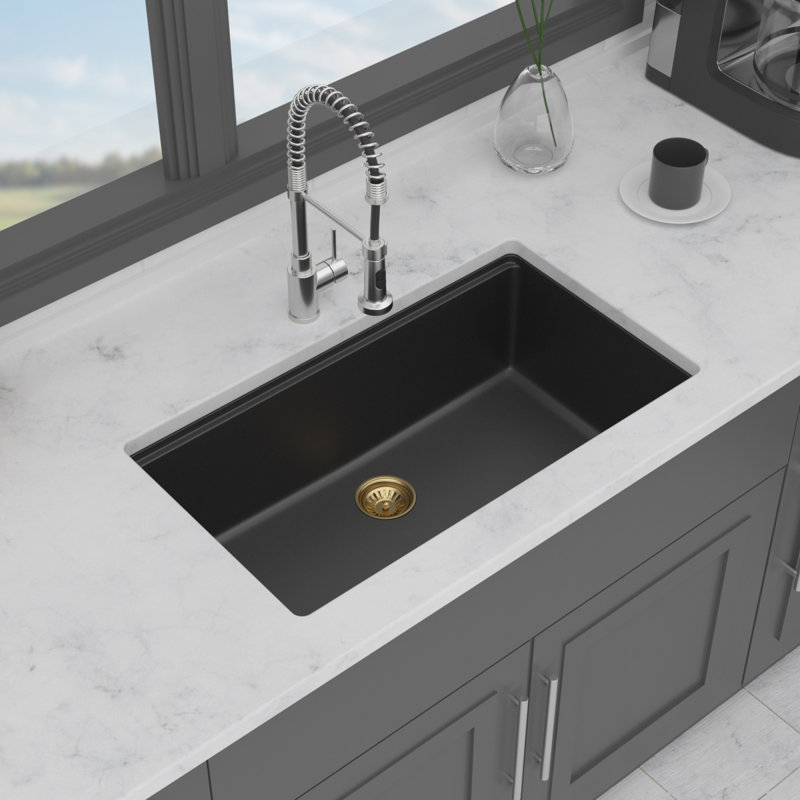 Space-saving Quartz Kitchen Sink, Durable Granite Composite, Modern Black Undermount Design