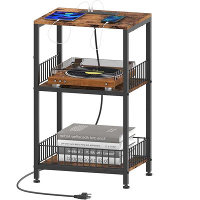 Industrial Mobile Sofa Side Table with USB Charging Ports & Power Outlets, 3-Tier Rolling Couch End Table