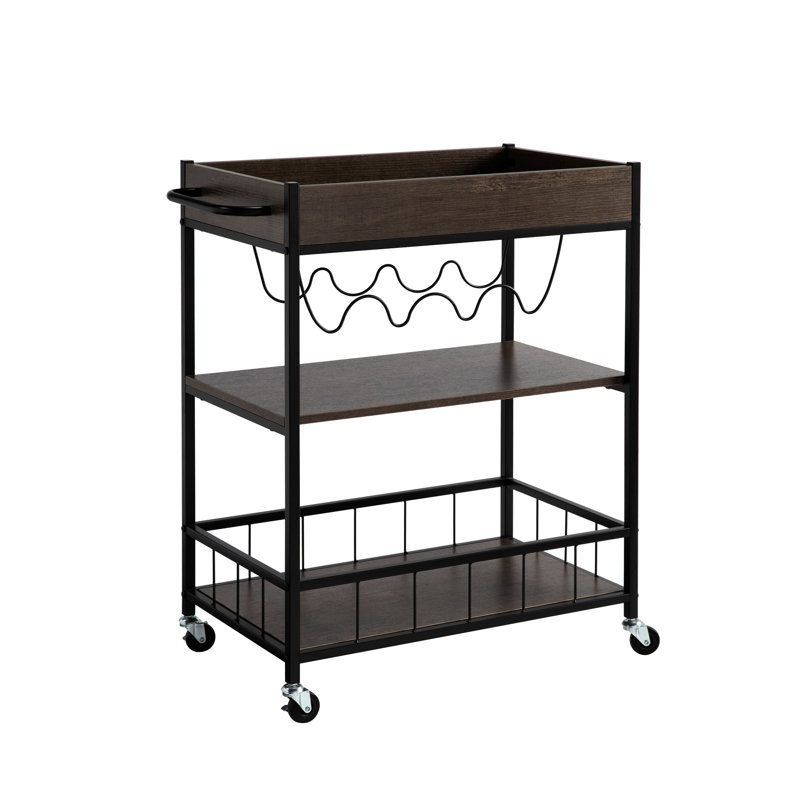 Chariot de cuisine roulant - Support pour 3 et 4 bouteilles de vin. Fabrication en métal brun et noir. Roues verrouillables robustes pour la mobilité. Tablettes fermées. Poids maximal: 100 lb 10 lb par tablette