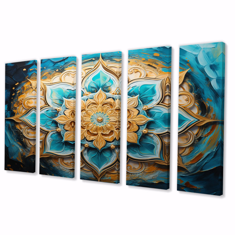 Divine Mandala en or rétro et turquoise I - impression sur toile Boho Mandala - 5 panneaux égaux