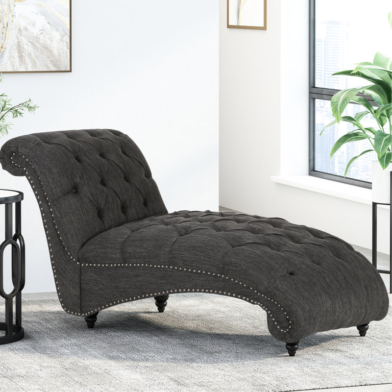 Chaise longue contemporaine, bouton et losange, style sinueux, tissu gris anthracite, pieds en bois de bouleau, conception confortable, couleur