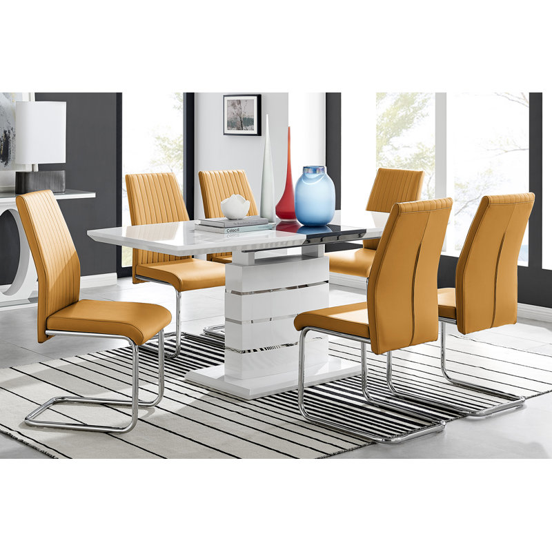 Renne Modern High Gloss Extendable Dining Table Set With 6 Upholstered Faux Leather Dining Chairs, Mustard
