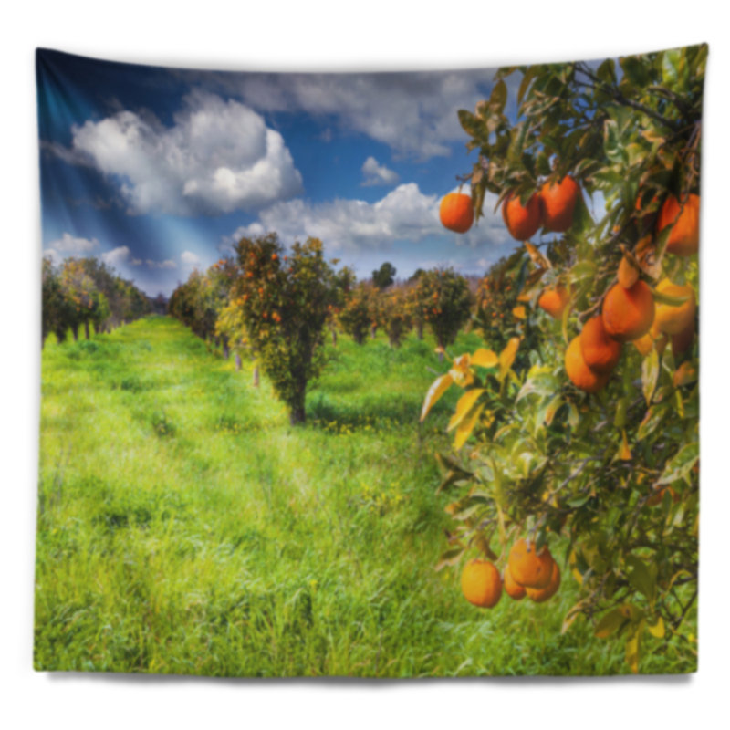 Paysage, herbe verte brillante avec tapisserie de jardin orange, H 68 po x l 80 po