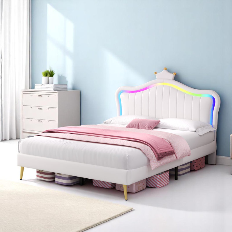 Cream White PU Leather Upholstered Bed With LED Adjustable Headboard, Double (147 x 194 cm)
