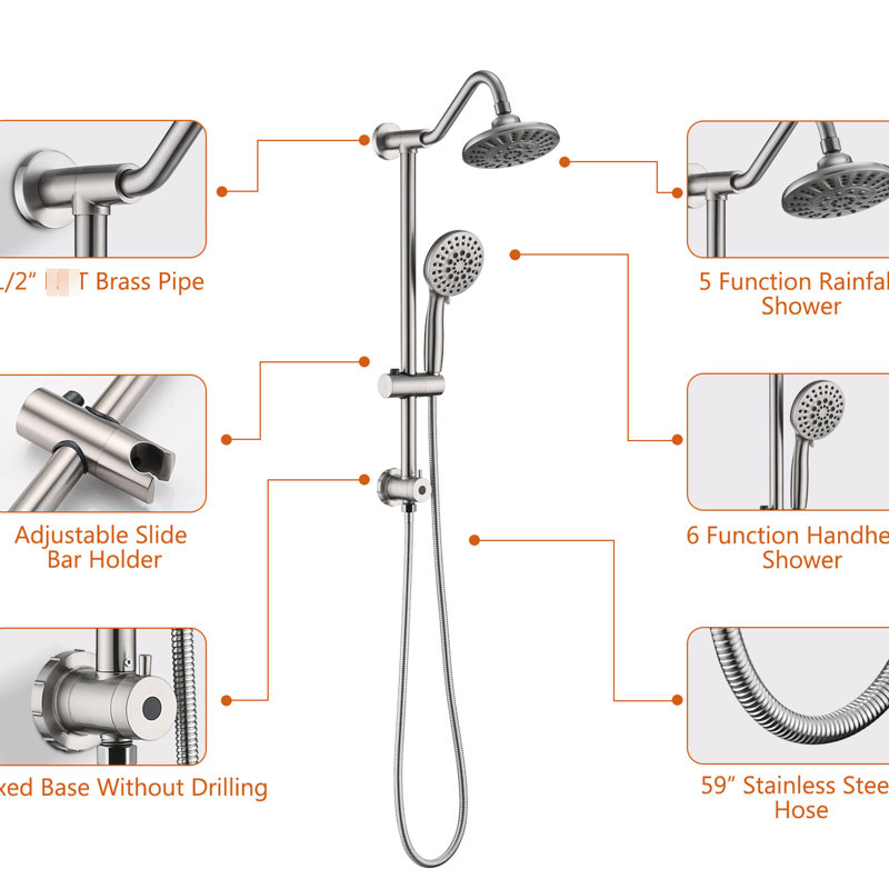 Wall Mounted Shower System In Brushed Nickel With 6 Inch Rain Head And Handheld For Comfort Handheld, Offering A Comfortable Experience
