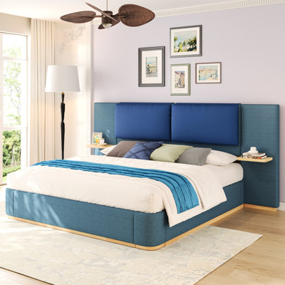 Très grande base de lit tapissier très grand, bleu, coins arrondis doux, stable et solide, sans sommier, facile à assembler, tablettes latérales pour articles, tissu luxueux, décor en cuir, couleur