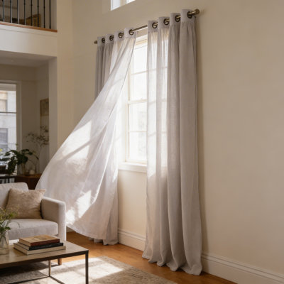 Gathered Linen-Textured Grommet Semi-Sheer Curtains