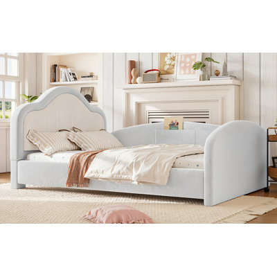 Lit simple tapissier à tête de lit courbée, lit rembourré avec rails de sécurité latéraux et poche de rangement, lit de bébé, chambre de jeu à plancher bas, rose