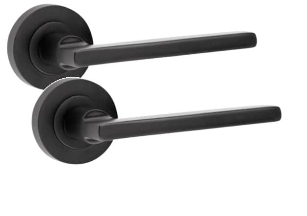  Leon Straight Design Door Handles on Round Rose in Stunning Matt Black Finish 3 Lever Mortise Lock and 1 Pair of Ball Bearing Hinges