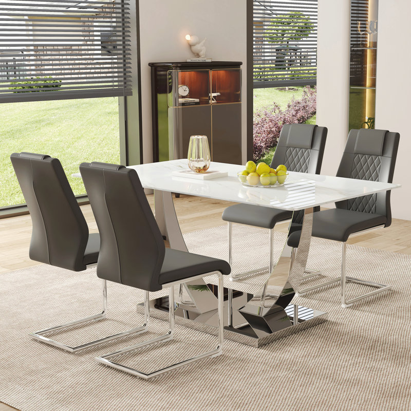 Modern Rectangular Glass Dining Table Set With Pu Chairs