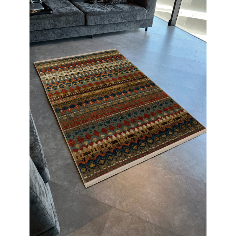 Tapis décoratif multicolore à motifs géométriques et frangés, Tapis de couloir 3 pi 3,37 po x 6 pi 6,74 po