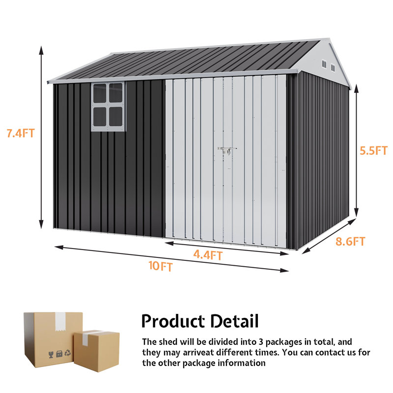 AMERLIFE Outdoor Storage Shed, Lockable Double Hinged Doors, 4 Vents, Backyard, Black/White, 10 Ft. x 8 Ft.
