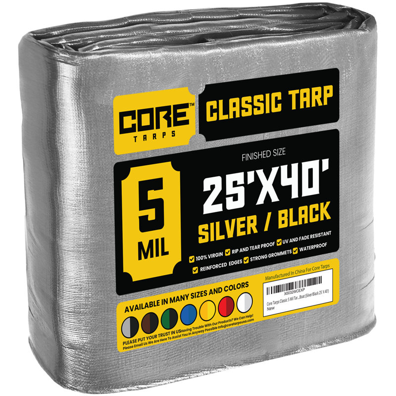 Classic 5 mil 25 pi x 40 pi, argent / noir, housse de bâche, imperméable, résistante aux rayons UV, à l'épreuve des déchirures et des déchirures, bâche en poly avec bords renforcés pour le toit, le patio, la piscine, le bateau