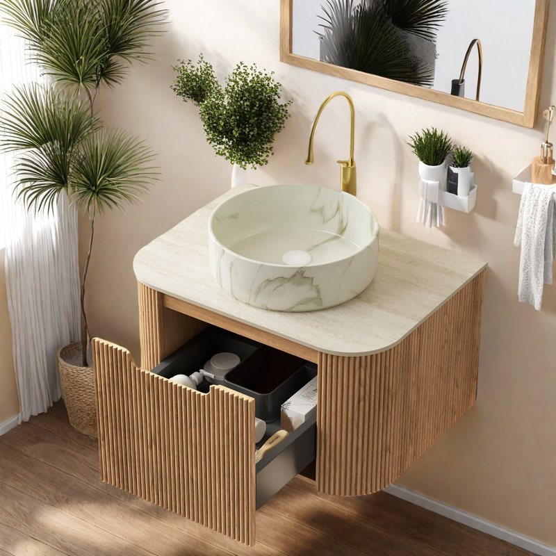 "Meuble-lavabo flottant avec lavabo en céramique, armoire à grain de bois élégante