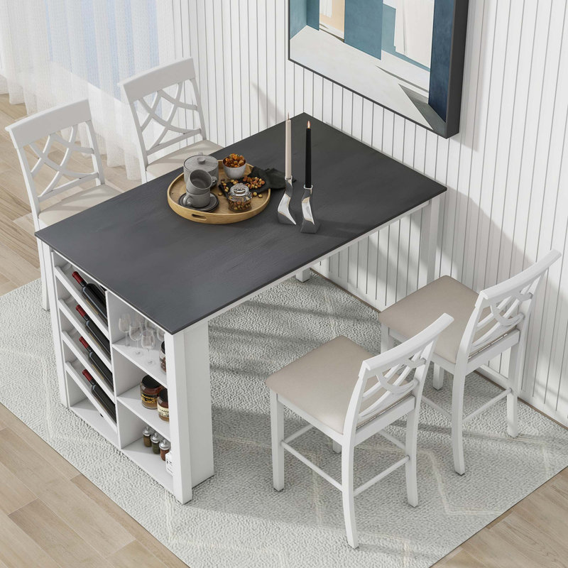 Ensemble de table de salle à manger en bois massif 5 pièces, table avec support à vin incurvé et 4 chaises rembourrées, Beige
