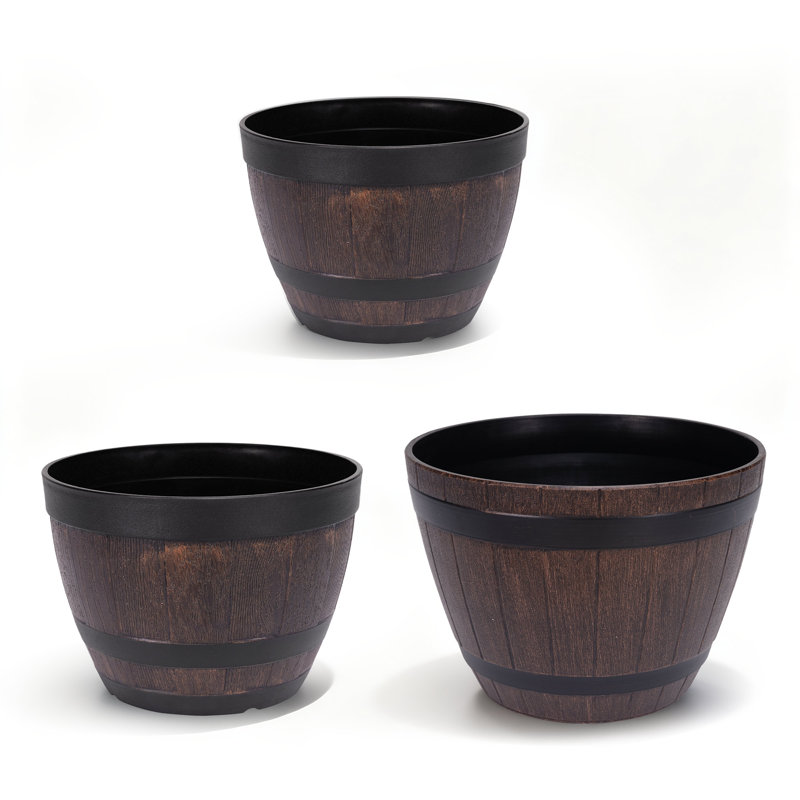Genard 3 Pack Plastic Barrel Planter 9" & 11.8" & 12.8" Plant Pots Whiskey Barrel Planters Pots With Drainage Holes & Saucer Tray for Indoor & Outdoor Garden Home Plants