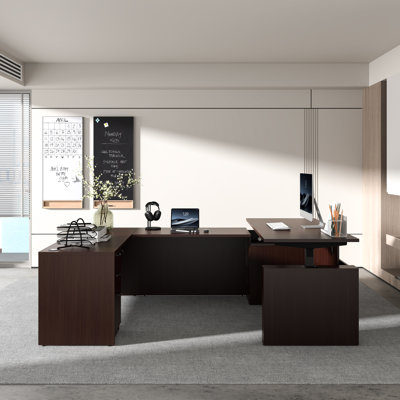 Nekisha U-Shaped Height Adjustable Executive Desk With 3-Drawer File Cabinet