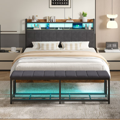 2 Piece Bedroom Set, Heavy Duty Bed Frame With LED And Charging Station And Storage Ottoman Set, No Box Spring Needed by Wrought Studio