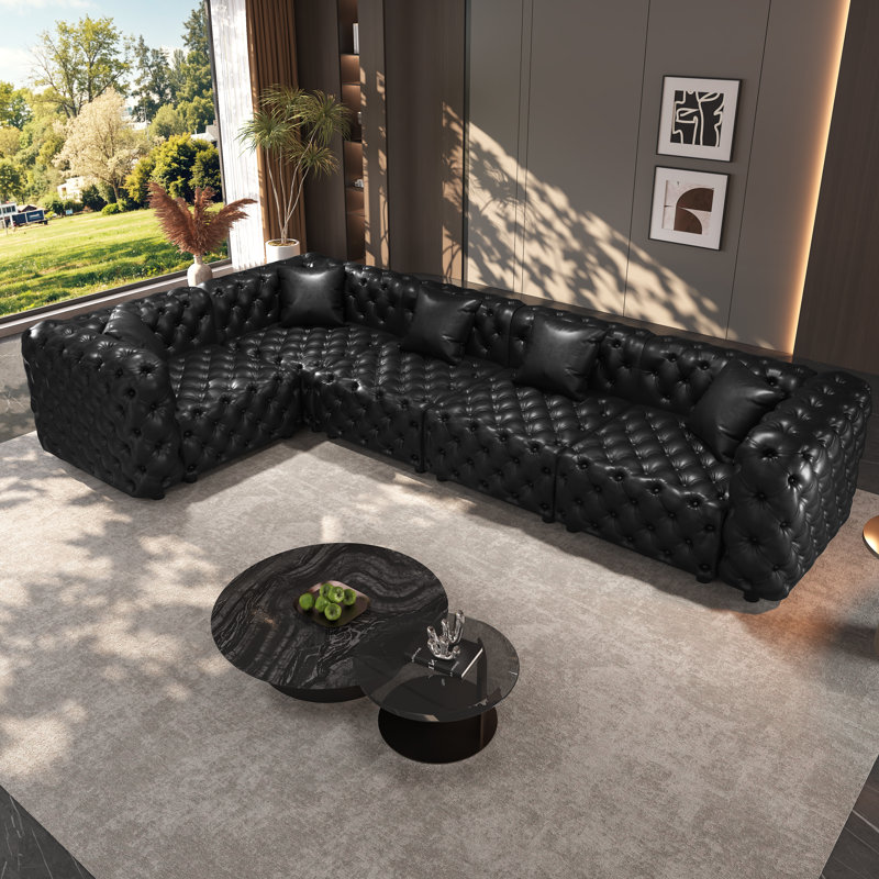 Canapé Chesterfield modulaire en forme de L de 132,5 po, canapé modulaire 5 places, canapé modulaire avec 5 coussins, 5, Noir