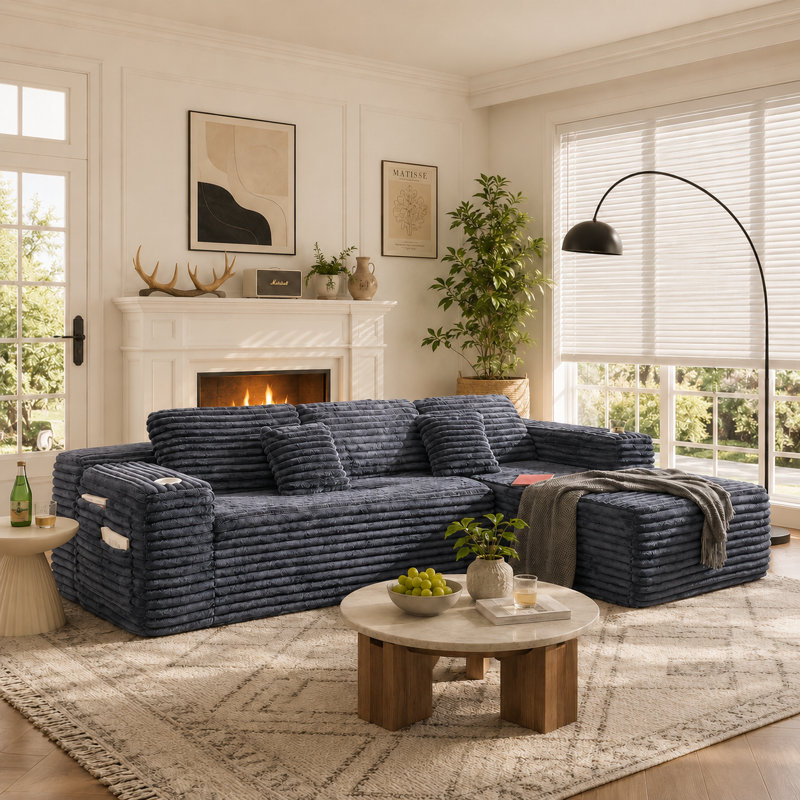 106" Modular Cloud Sectional Couch with Deep Seat and L-Shape Chaise,Cup Holder & Side Pocket, No Assembly Required Upholstery Compression Sofa  for Living Room or Bedroom
