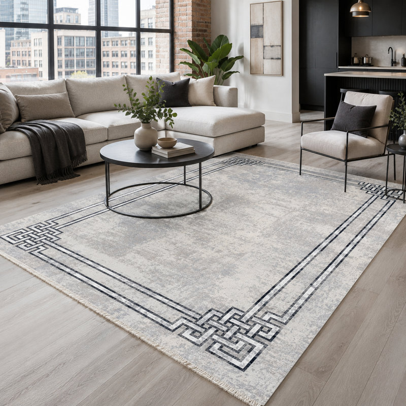 Netline Home Symmetric Linework Mid Grey Modern Washable Rug, 200 cm round
