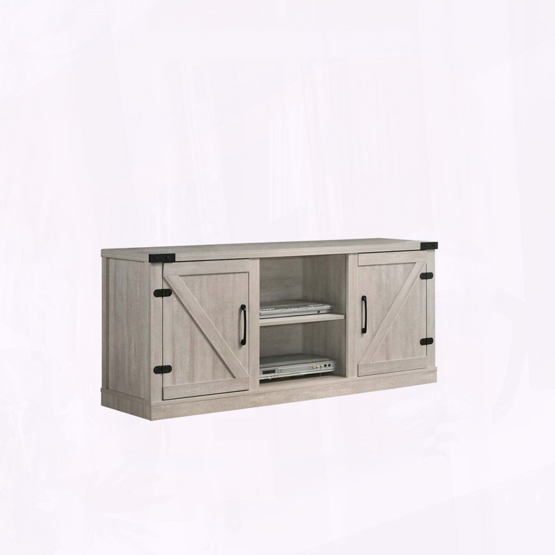 Meuble télé avec armoires de style grange et tablettes ouvertes gris cendré