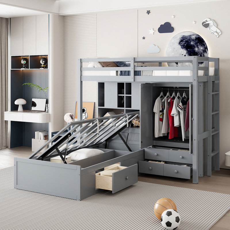 Lit superposé Birchra Modern Elegance avec rangement hydraulique et garde-robe intégré