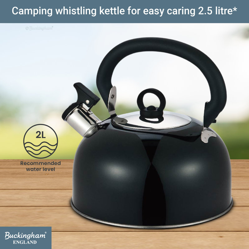 Buckingham Camping Whistling Kettle Stainless Steel with Heat-Resistant Handle 2.5 Litres, Black