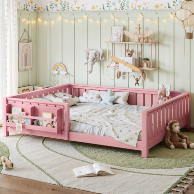 Lit sur pied avec garde-corps et tablettes de rangement Montessori, grand, rose