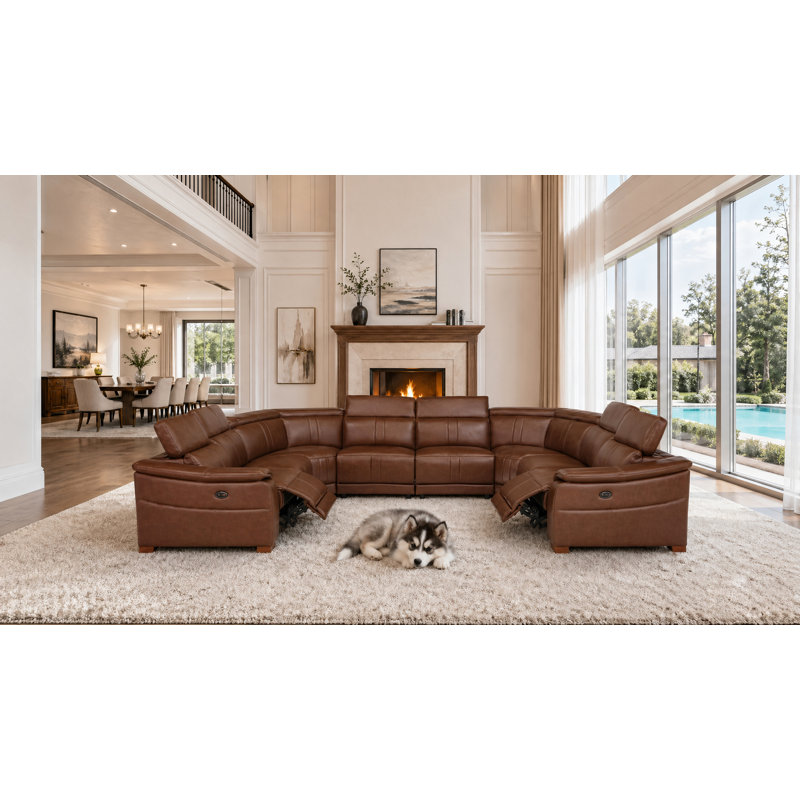Mietoon Leather Match Large Seating Power Recliner Sectional, Dark Brown Leather Match