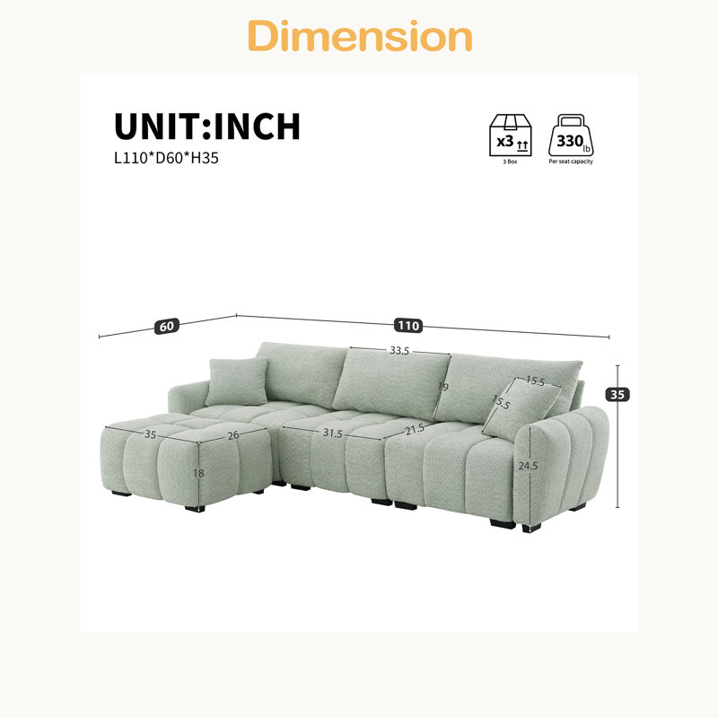 110" Modular Sectional Sofa, L Shape With Extra-Large Seat, Pull-Line Design, Movable Ottoman, High Density Foam, Free Combination