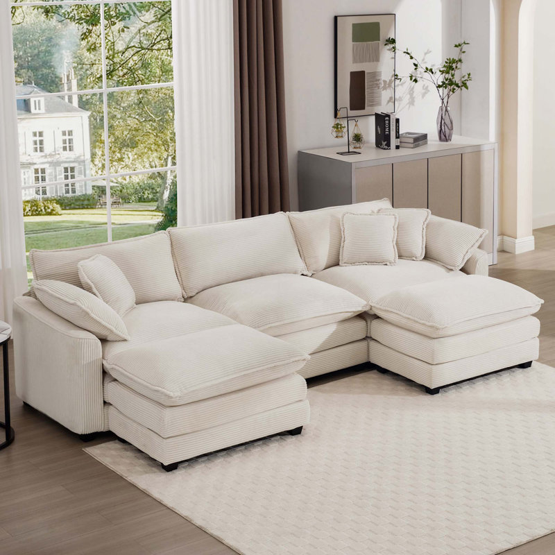 Très grand canapé modulaire à coussins modulaires avec repose-pieds, canapé d'angle modulaire rembourré en U confortable, velours côtelé beige clair