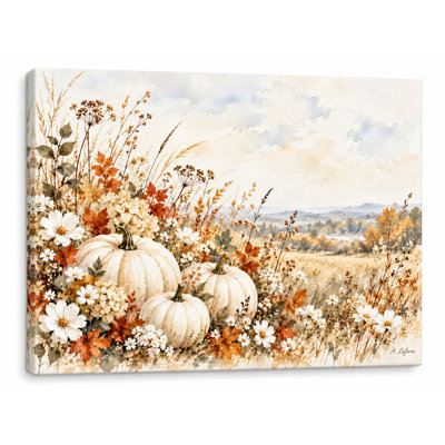 Citrouille blanche et paysage d'automne de fleurs sauvages enveloppé Ingwer