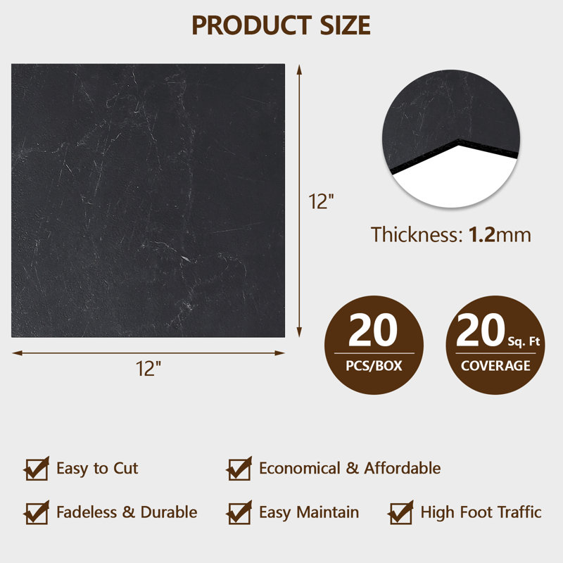 FLYFISH 12" x 12" Peel and Stick Floor Tiles, 1.2 mm Thick Vinyl Flooring, 20 Tiles, Black Vein Marble, Black Vein Marble