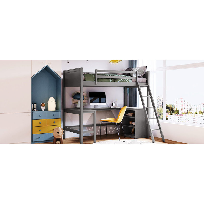 Lit mezzanine simple gris avec tablettes et bureau, option de mobilier, fabrication en bois de pin, espace de travail polyvalent avec support de matelas respirant, rehausser la disposition de votre chambre et dormir confortablement